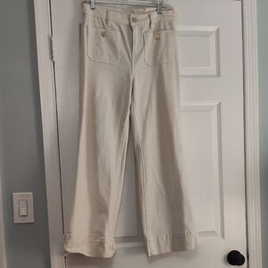 Cream Wide-Leg Jeas with Gold Buttons